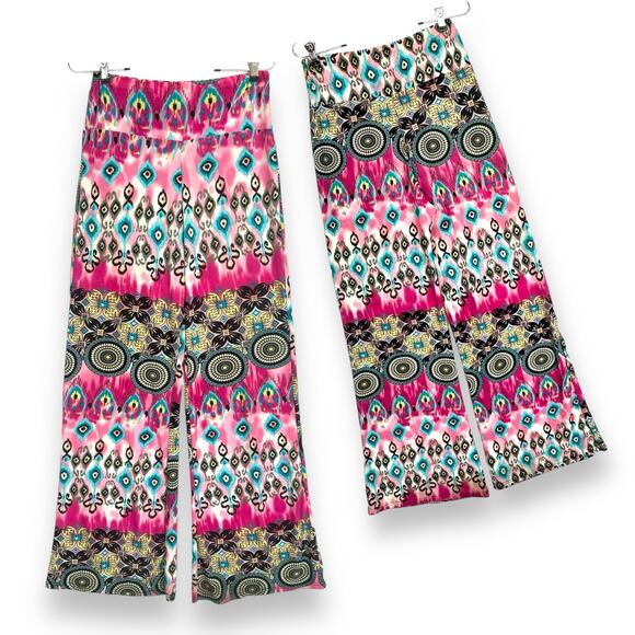 WinWin Wide Leg Palazzo Pants S/M Flowy Stretchy Pink Blue Artsy Hippie Boho - Picture 5 of 12